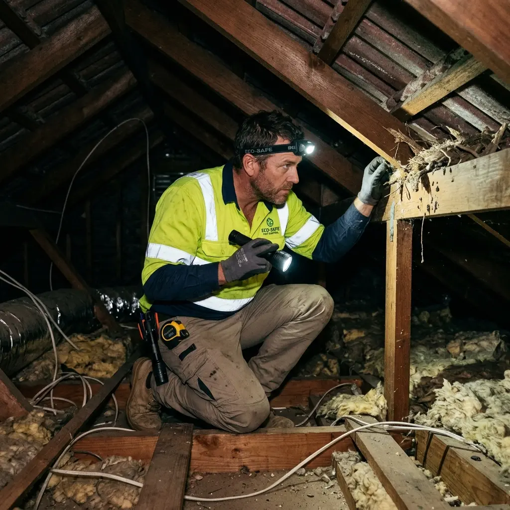 Technician inspecting a roof cavity for a dead animal in Endeavour Hills